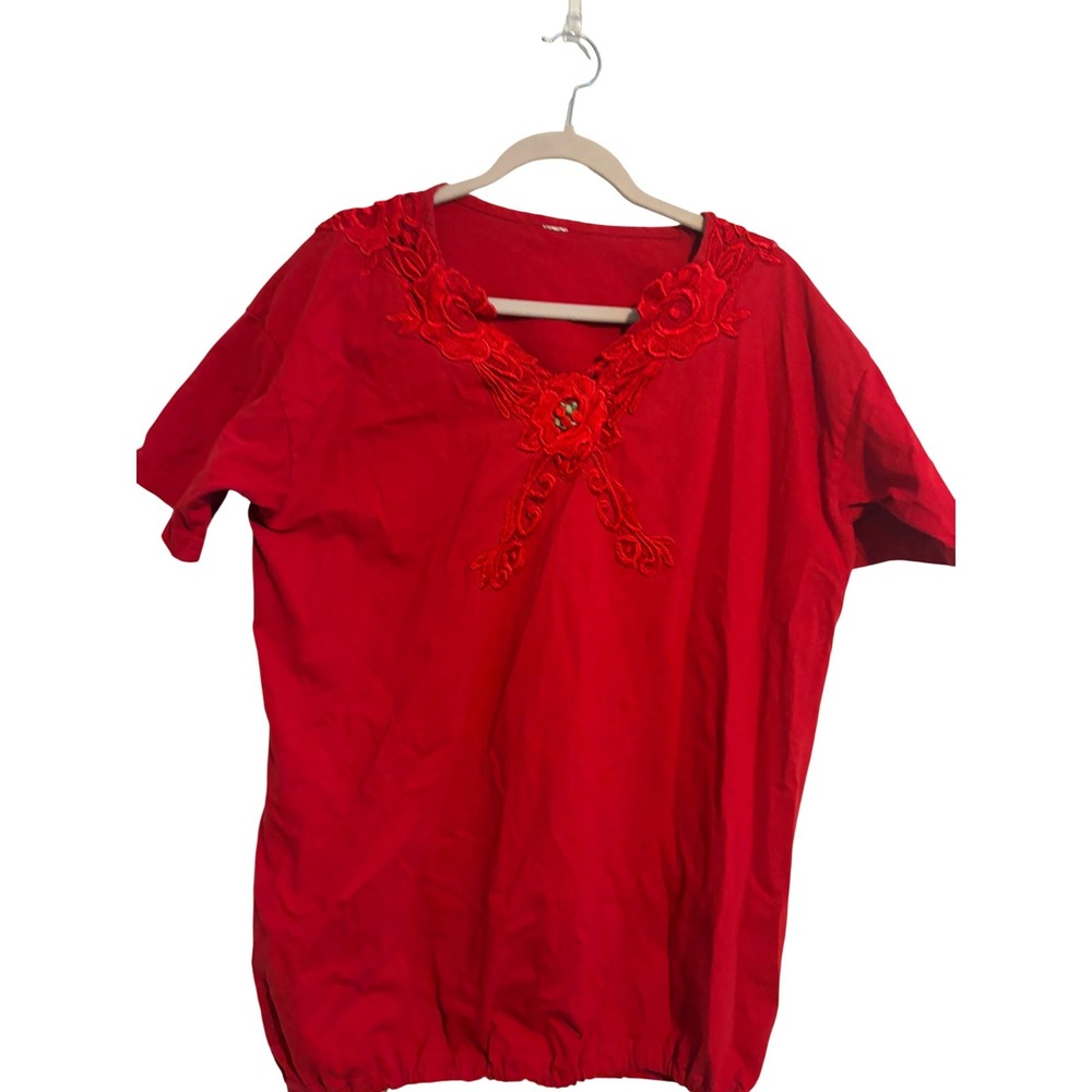 Blouse Romantic Vintage Red Floral Lace Applique Bubble‎ Hem L